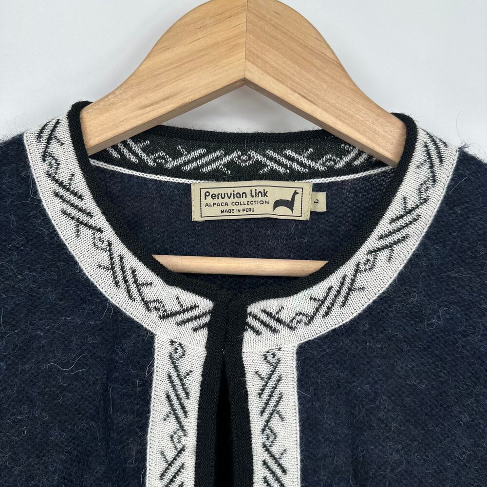Peruvian Link Feather Cardigan Baby Alpaca Contrast Trim Fuzzy Crew Neck Sweater - Picture 6 of 12